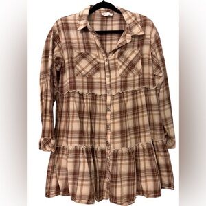 Heyson Plaid Button-Down Long Sleeve Ruffle Dress M